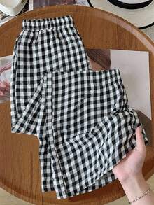 Rusticease Women's Elastic Waist Plaid Casual Straight Loose Versatile Pants Cozy Fall And Winter Clothes For Women  New Year Women's Clothes  Elegant  Gingham Pants Checkered Pants New Year Look - Black and White - View 2