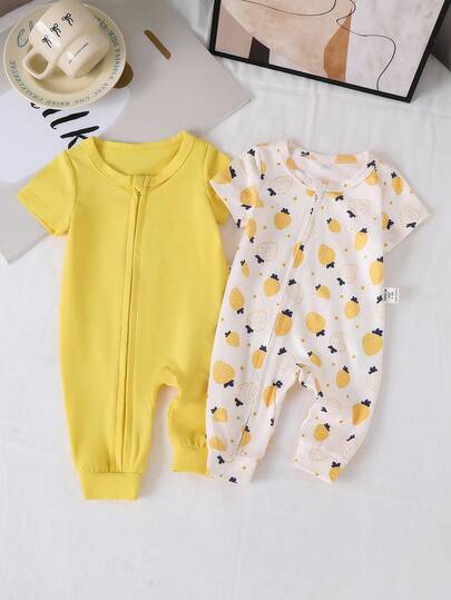 SHEIN 2pcs Newborn Baby Girl Cute Casual Floral Knit Short Sleeve Jumpsuit Set