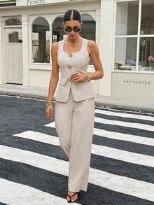 SHEIN Tall 女式条纹无袖上衣和裤子两件套，高品质金属扣设计，秋季 - 米色 - 查看 5
