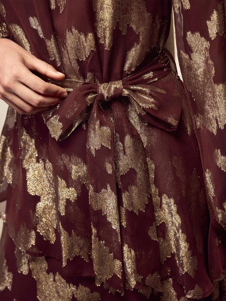 VESTIDO MIDI DE MUJER DE MANGA LARGA CON CINTURA CEÑIDA Y CAPAS DE GASA