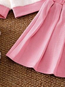 Genkimix Kids 两件套女童粉白针织毛绒蝴蝶结开衫外套和百褶裙套装，甜美可爱，春秋冬装