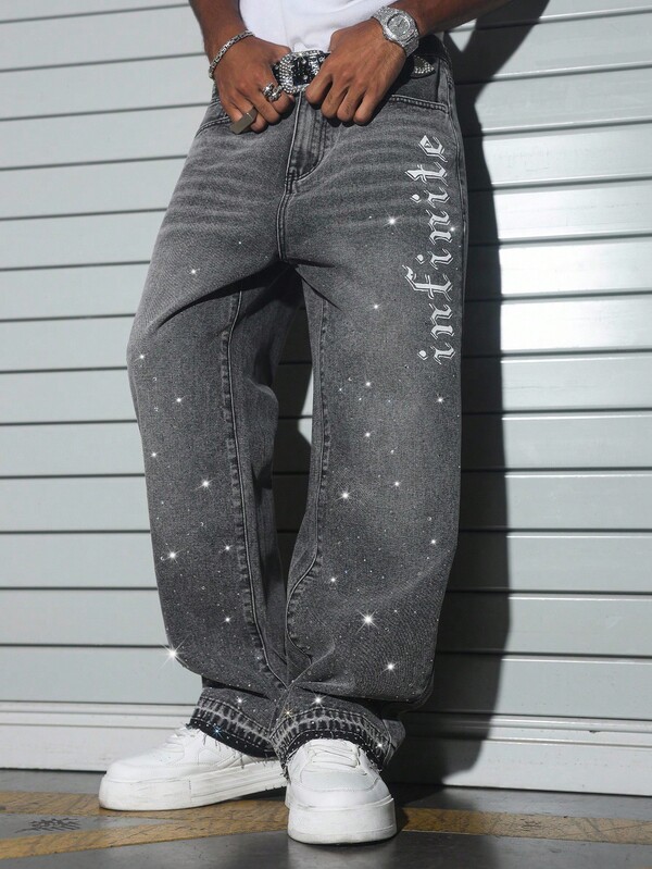 Manfinity EMRG Jeans de pierna ancha con estampado de rhinestones para hombre