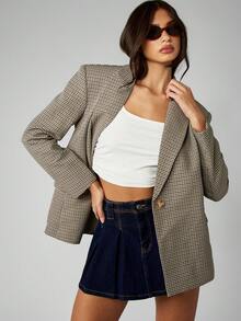 MISSGUIDED Áo khoác blazer họa tiết Houndstooth chuyên nghiệp cỡ lớn cho nữ, trang phục công sở, cài một nút, ve khía, tay dài, kiểu dáng cổ điển, lịch sự, phù hợp với công việc, thời trang thu đông - Nhiều màu - Xem 6