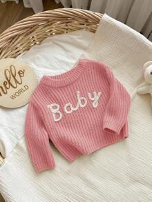 SHEIN Newborn Baby Girl Letter Pattern Versatile Long Sleeve Sweater, Autumn/Winter Baby Knit Top Baby Knitwear Baby Girl Sweater Baby Jumper Baby Clothes Girl Fall