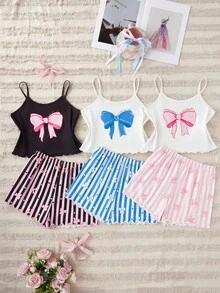 SHEIN 2件套女童可爱蝴蝶结条纹印花吊带背心和短裤睡衣套装 - 彩色 - 查看 1