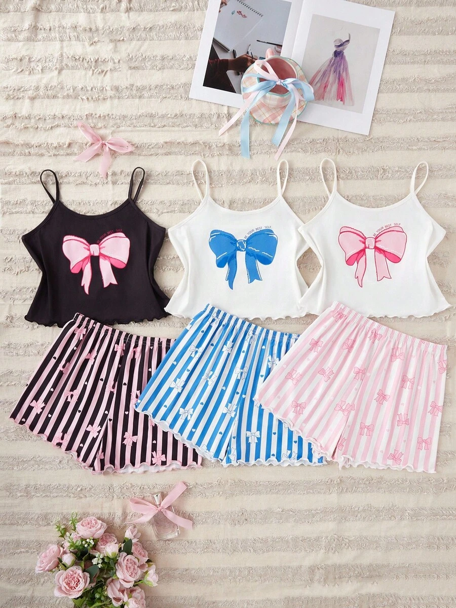 SHEIN 2件套女童可爱蝴蝶结条纹印花吊带背心和短裤睡衣套装 - 彩色 - 查看 1