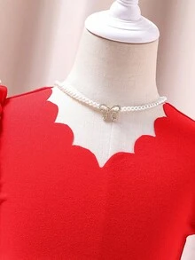 Glamorique Kids 女童优雅高端长袖连衣裙，羊腿袖设计搭配珍珠装饰，适合日常穿着、派对、圣诞节，展现优雅高贵的气质 - 紅色 - 查看 4