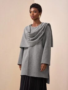Zivah 2025 Novo Lançamento Outono/Inverno, Festival de Música, Temporada de Formatura, Estilo Universitário, Vestuário Estudantil, Casual Diário, Versátil Combinável, Lazer, Praia, Streetwear, Elegante para Ir e Voltar do Trabalho, Casaco Longo de Tricô de Gola Redonda de Manga Longa com Lenço, Sobretudo Cinza - Cinza - Visão 3