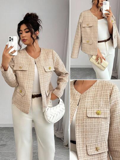 Elenzga Plus Size Elegant Plaid Commuter Jacket, Autumn