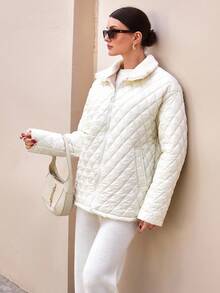 CLARA VERO Woman Solid Color Woven Padded Quilted Insulated Winter Coat Short Regular Jacket Zipper Pockets Zip Up Front Teddy Neck - White - View 6