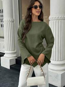 EMERY ROSE Women's Solid Color Minimalist Long Sleeve Shirt, Casual Everyday Wear - Army Green - View 4