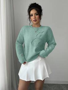 Elenzga Women's Crew Neck Floral Pattern Solid Color Pullover Sweater - Mint Green - View 7