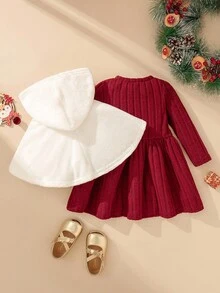 SHEIN 1 套女孩优雅秋冬装 - 酒红色长袖连衣裙 + 白色蓬松蝴蝶结斗篷，2 件 - 紅白色 - 查看 2