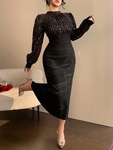 DAZY Đầm casual dáng ôm eo, họa tiết chấm bi thanh lịch, phối lưới, thích hợp cho đám cưới, tiệc tùng, dạ hội, tay dài, dài ngang gối, trang phục mùa xuân/hè/thu đính sequin, đầm lấp lánh cho lễ hội năm mới dành cho nữ. - màu đen - Xem 4