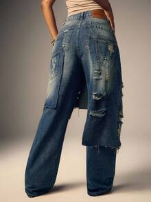 Denimoi Baggy Fit Distressed Frayed Hem Overlapping Denim Jeans - Medium Wash - View 5