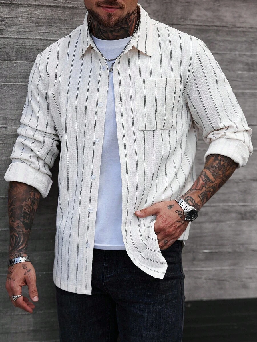 Manfinity CasualCool Men's Striped Print Patch Pocket Front Button Casual Long Sleeve Shirt, Fall - Apricot - View 1
