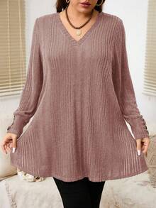 EMERY ROSE Camiseta holgada de mujer talla grande con cuello en V acanalado, decoración de botones y bajo dividido, para uso casual y diario, primavera/otoño - Marrón - Ver 5