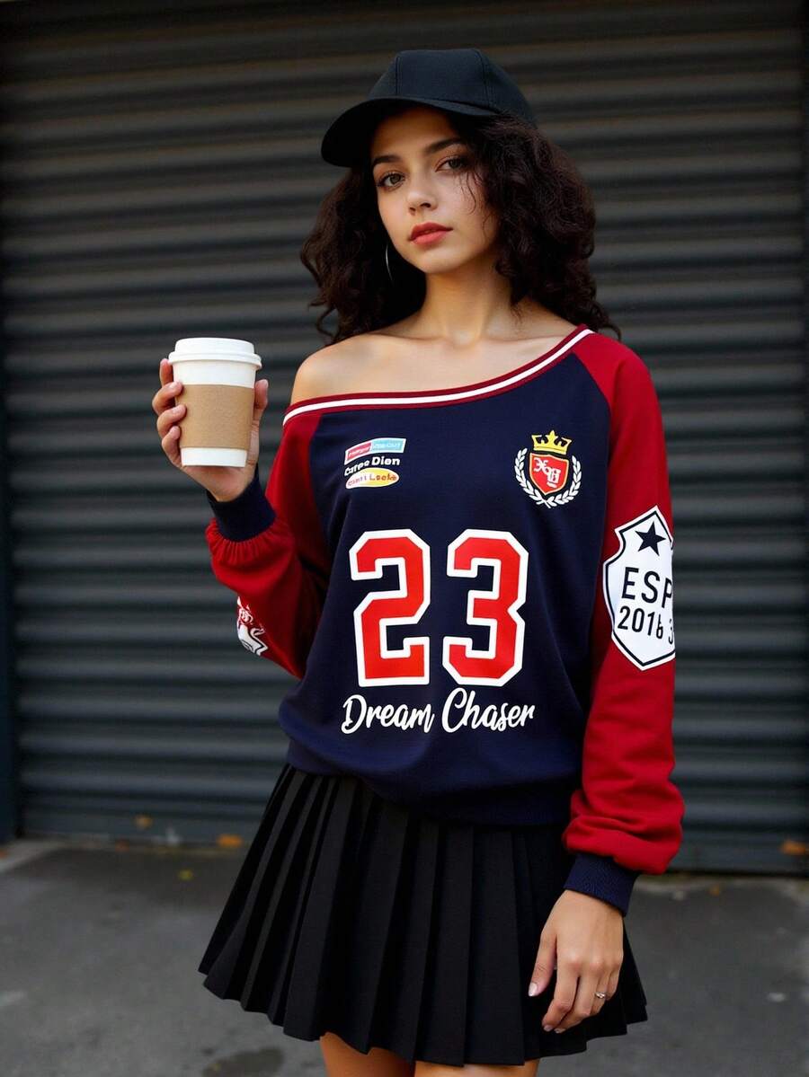 Setelan Sweatshirt dan Rok Lipit Warna Polos dengan Motif Angka Kontras Warna dan Bahu Terbuka untuk Remaja Perempuan, Cocok untuk Pakaian Kasual Sehari-hari - Biru - View 1