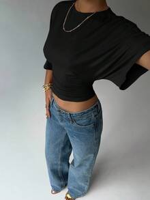 Aloruh T-shirt décontracté court plissé à manches courtes chauve-souris, col rond, couleur unie pour femmes - Noir - Voir 8