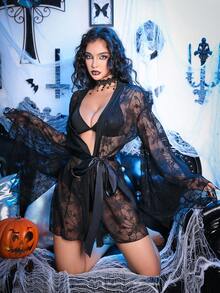 SHEIN Bộ đồ lót không dây gợi cảm 4 món dành cho nữ dịp Halloween - màu đen - Xem 4