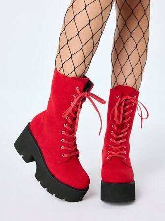 Grunge Punk Damen rote klassische Schnürstiefel mit dicken Sohlen & klobigen Absätzen, Punk Gothic Stil Plateau Knöchel Stiefel, bequeme Combat Boots