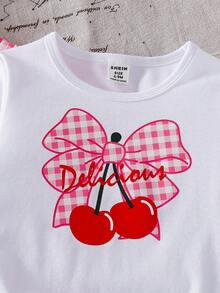 SHEIN Setelan 2 Potong Baju Bayi Perempuan Motif Ceri dan Celana Kotak-kotak untuk Musim Gugur dan Musim Dingin - Berwarna merah muda - View 6