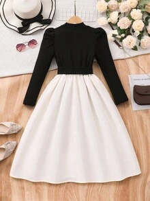 SHEIN Christmas,Halloween,Black Dress,Black Dress,Winter Clothes,Winterclothes For Kids,Autumn Clothes,Halloween,Halloween Costumes,Christmas Clothes,Elegant Waist Cinched Long Sleeve Teen Girls Dresses Girl Black And White Dress Elegant Long Sleeve Dress Dress With Big Bow Black And White Fall