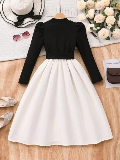 SHEIN Giáng sinh, Halloween, Váy đen, Váy đen, Quần áo mùa đông, Quần áo mùa đông cho thiếu nữ, Quần áo mùa thu, Quần áo Giáng sinh, Váy dài tay thắt eo thanh lịch cho thiếu nữ, Váy đen trắng cho bé gái, Váy dài tay thanh lịch với nơ lớn, Váy đen trắng mùa thu