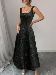 Elenzga New Design Women's Wide Strap Torn Textured Floral Woven Fabric Fitted Mid-Length Dress, Elegant Sophisticated Young Lady Versatile, Flattering And Slimming - Black - View 5