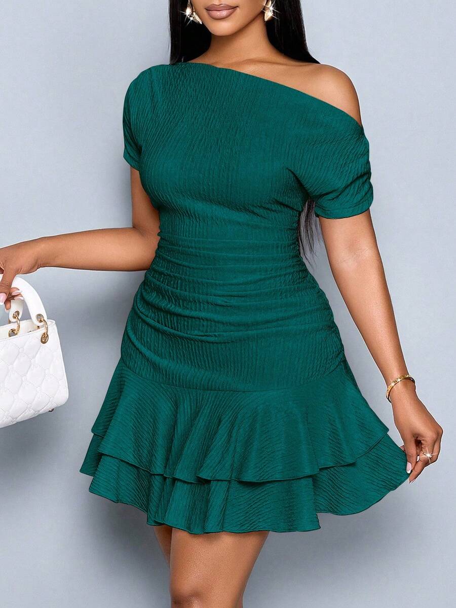 SOLERSUN Women's Elegant Party Daytime Apricot Knitted Asymmetrical Neck Neck Long Sleeves Gathered Double Ruffle Mini Dress