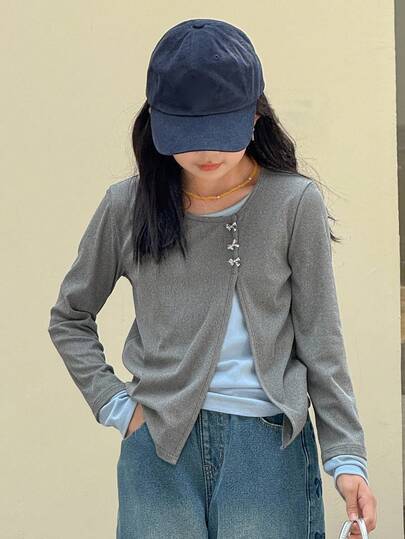 DAZY Tween Girls Round Neck Knit 2 In 1 T-Shirt Fall,Winter