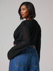MUSERA Plus Size Cowl Neck Plunge Long Sleeve Chiffon Cropped Top Going Out Spring Summer Holiday - Black - View 4