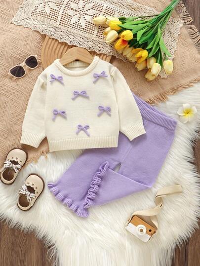 SHEIN Vintaside Kids 2件套女宝宝毛衣套装，紫色圆领3D蝴蝶结上衣+咖啡色喇叭裤，甜美时尚