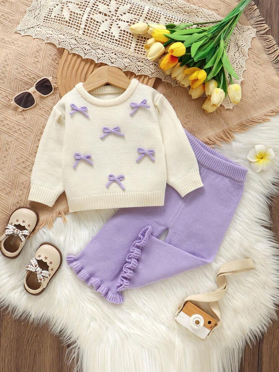 SHEIN Vintaside Kids 2件套女宝宝毛衣套装，紫色圆领3D蝴蝶结上衣+咖啡色喇叭裤，甜美时尚 - 紫色 - 查看 1