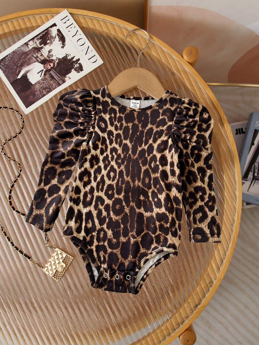 SHEIN Baby Girl Leopard Print Elastic Knit Long Sleeve Bodysuit Fall Winter