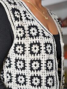 SAYEHFBABY 女士花卉印花单排扣宽松针织背心，秋冬 - 黑與白 - 查看 3