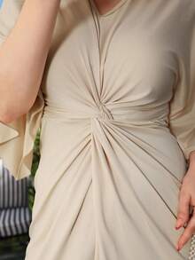 Gretanique Elegant Knitted High Stretch V-Neck Twist Design Batwing Sleeve Midi Dress For Women - Apricot - View 3