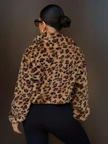 SAYEHFBABY 1pc Women's High Collar Zipper Long Sleeve Leopard Fluffy Pullover Sweatshirt,Long Sleeve Tops - Multicolor - View 2
