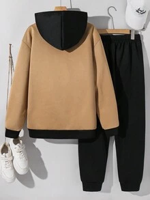 SHEIN 2 件套青少年男孩休闲街头连帽衫和慢跑裤套装，字母徽标印花拼色，适合居家、通勤、上学、日常休闲、旅行、户外派对、秋冬 - 彩色 - 查看 3