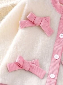 Genkimix Kids 两件套女童粉白针织毛绒蝴蝶结开衫外套和百褶裙套装，甜美可爱，春秋冬装