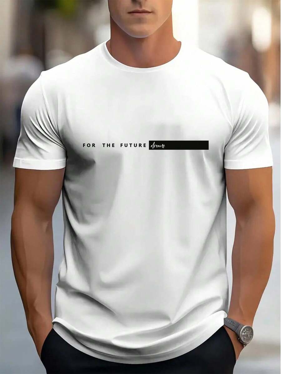 Manfinity Homme Camiseta masculina slim fit com gola redonda e estampa de letras em inglês Future Dream - Branco - Ver 1