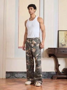 SWAVVY Men's Camouflage Pattern Drawstring Waist Pockets Casual Pants - Army Green - View 3