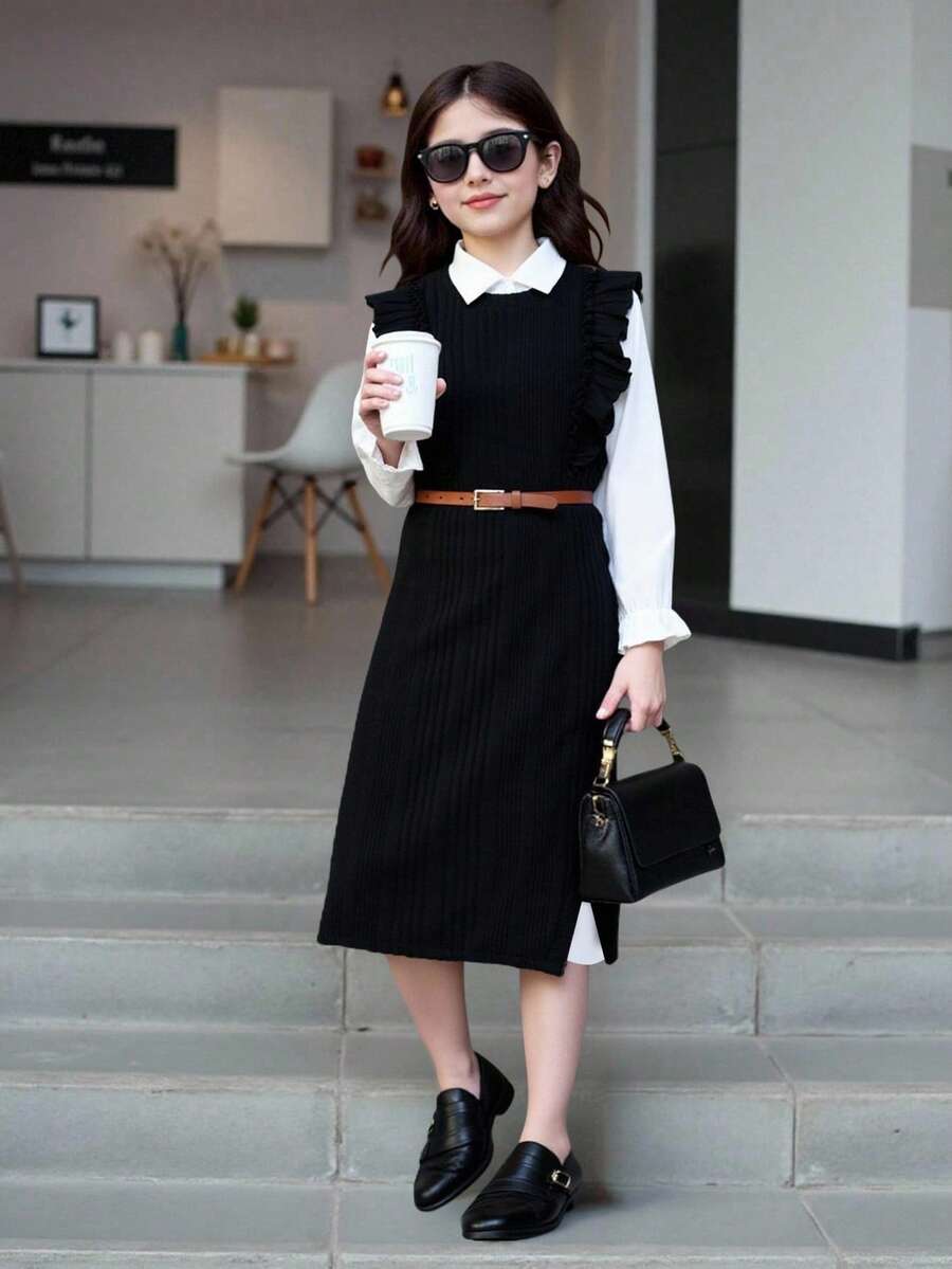 圣诞节、万圣节、黑色连衣裙、黑色连衣裙、冬装、儿童冬装、秋装、万圣节、万圣节服装、圣诞服装、女童长袖衬衫裙两件套 - 黑與白 - 查看 1