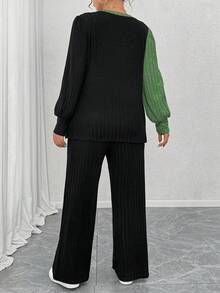 EMERY ROSE 加大码圆领长袖柔软针织罗纹拼色不对称拼接上衣和柔软针织罗纹直筒裤休闲家居服两件套 - 彩色 - 查看 2