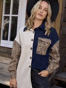 EMERY ROSE 女式休闲时尚街头豹纹拼接宽松落肩翻盖口袋工装夹克，秋季 - 藏蓝色 - 查看 5