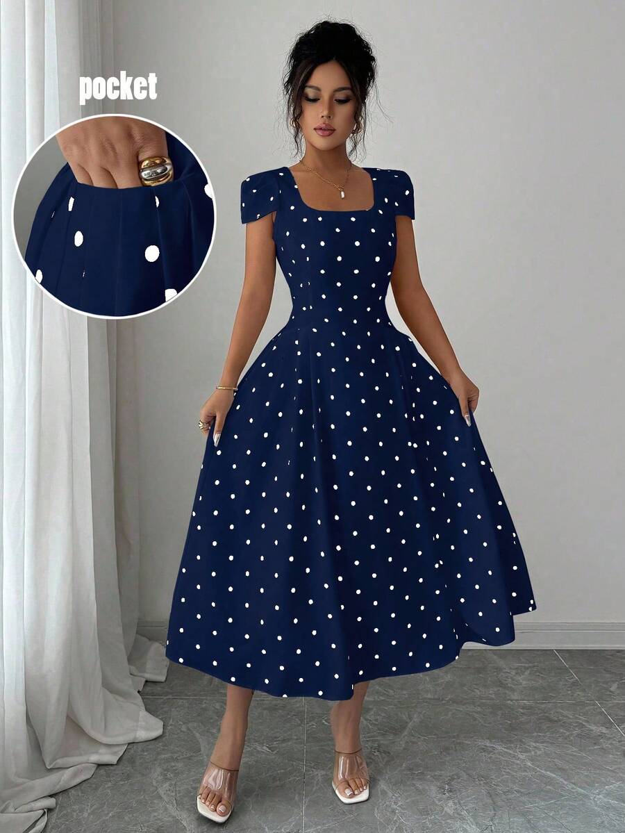 Elenzga Women's Elegant Polka Dot Print Ruched Waist Square Neck Short Sleeve Maxi Dress - Navy Blue - View 1