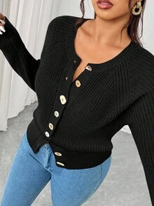 Elenzga Women's Black Cardigan,Autumn Smart Casual Everyday Plus Size Round Neck Raglan Long Sleeve,Sophisticated Design With Asymmetric Buttons,Fitted - Black - View 5