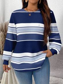 EMERY ROSE Plus Size Casual Minimalist Blue Striped Contrast Print Waffle Sweatshirt In Fall/Winter - Multicolor - View 1