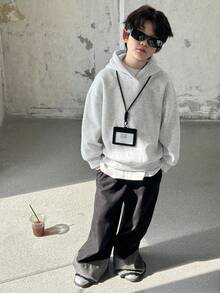 DAZY Tween Boys Casual Solid Color Thermal Lined Hoodie Sweatshirt, Basic Style For Students, Cool Autumn