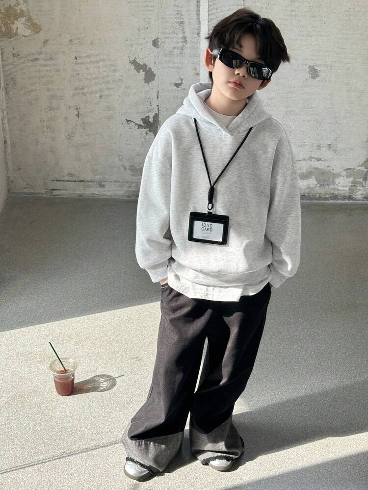 Tween Boys Casual Solid Color Thermal Lined Sweatshirt, Basic Style For Students, Cool Autumn